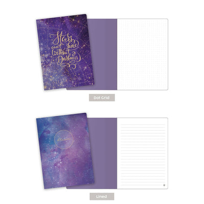 journal notebook set featuring 1 cover with purple and gold details shown with a spread of dot grid pattern and another cover shown with a lined inner spread.