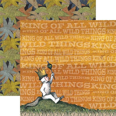 scrapbook paper featuring Max from Where the Wild Things Are sitting on a hill shown overlapping another scrapbook paper featuring  an illustrated pattern of  leaves.