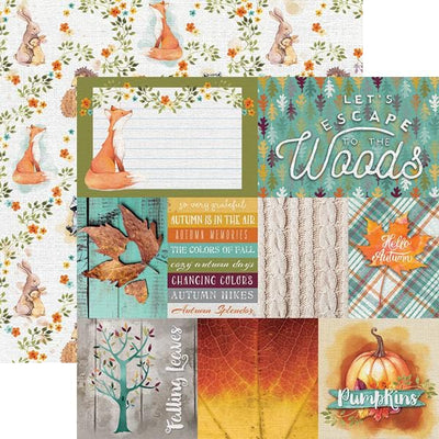 scrapbook paper featuring Woodland Friends, autumn themed tags shown overlapping a pattern of watercolor foxes, bunnies and leaves.