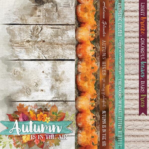 scrapbook paper featuring wood patterns, watercolor pumpkins and florals.