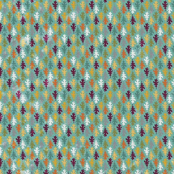 scrapbook paper featuring an illustrated pattern of leaves on a teal background.