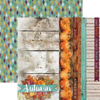 scrapbook paper featuring wood patterns and pumpkins shown overlapping a colorful leaf pattern paper.