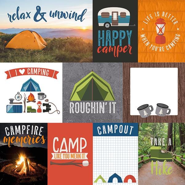 Colorful, camping themed tag scrapbook paper featuring illustrations, words and photos.
