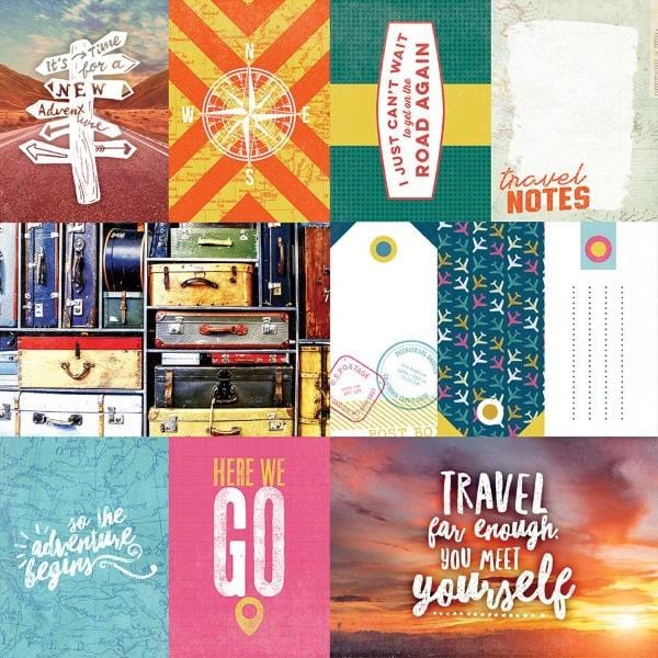 scrapbook paper featuring colorful travel tags with illustrations and photos.
