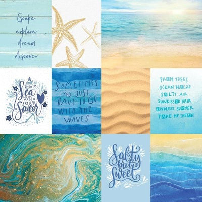 scrapbook paper featuring coastal themed tags with blues and golds.