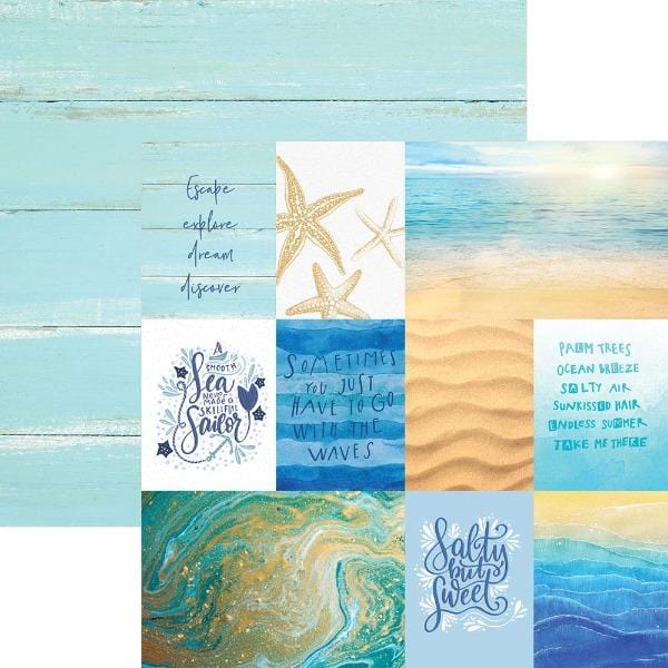 scrapbook paper featuring coastal themed tags in blues and golds shown overlapping a light blue wood pattern paper.