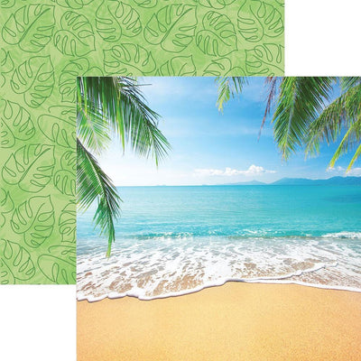 scrapbook paper featuring a photo of a tropical beach shown overlapping a pattern of illustrated, green palm leaves.