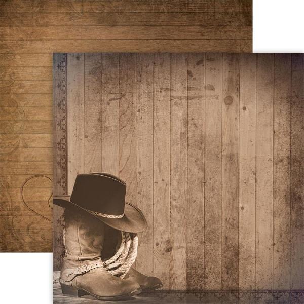 scrapbook paper featuring a photo of cowboy boots and hat with a brown wood pattern shown overlapping a brown wood pattern.