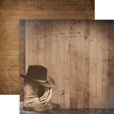 scrapbook paper featuring a photo of cowboy boots and hat with a brown wood pattern shown overlapping a brown wood pattern.