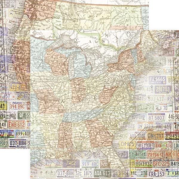 scrapbook paper featuring a detailed map of the East Coast of the USA shown overlapping a paper featuring the West Coast of the USA.