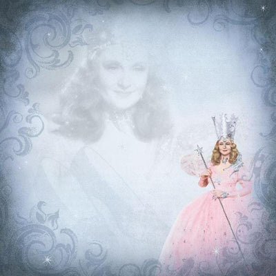 scrapbook paper featuring Glinda of The Wizard of Oz on a blue patterned background.