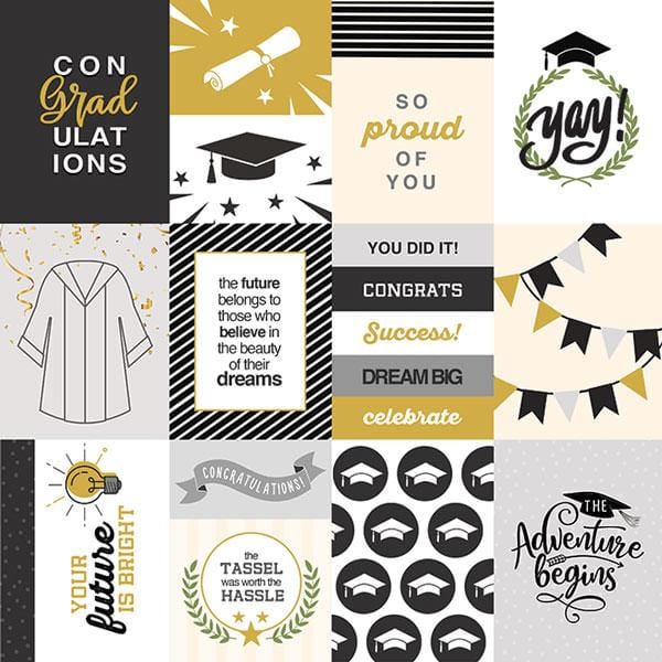 Black, white and gold scrapbook paper featuring graduation themed word tags and illustrations.
