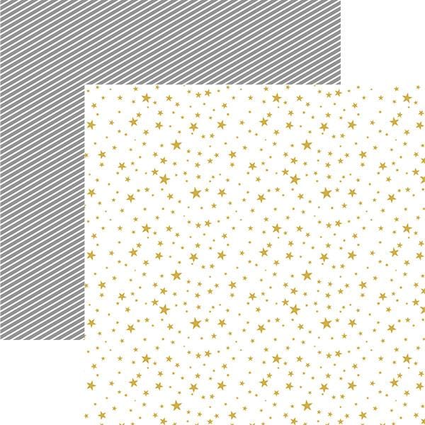 scrapbook paper featuring a gold star pattern on a white background is shown overlapping a gray and white pinstripe pattern.