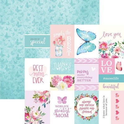 scrapbook paper featuring pastel colored mom themed word tags, butterflies and florals. Shown overlapping a pattern of teal butterflies.