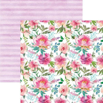 scrapbook paper featuring pink and green watercolor florals. Shown overlapping a pink stripe pattern.