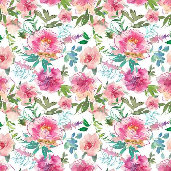 scrapbook paper featuring pink, green and teal watercolor flowers.