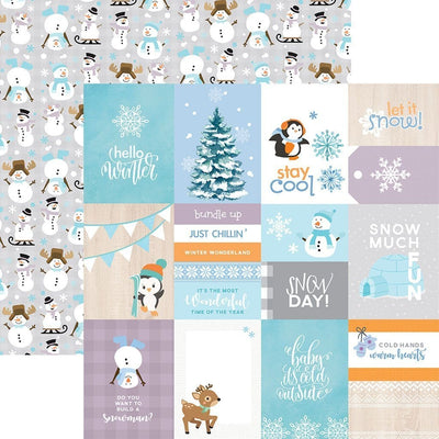 Double sided scrapbook paper featuring words, penguins, snowflakes, snowmen, reindeer, and igloo on teal, blue, white and purple tags. Shown in front of a snowman pattern on gray background.