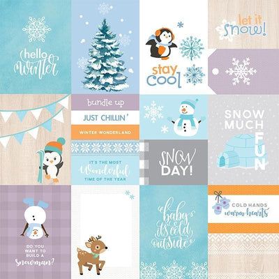 Tag scrapbook paper featuring words, penguins, snowflakes, snowmen, reindeer, and igloo on teal, blue, white and purple background.