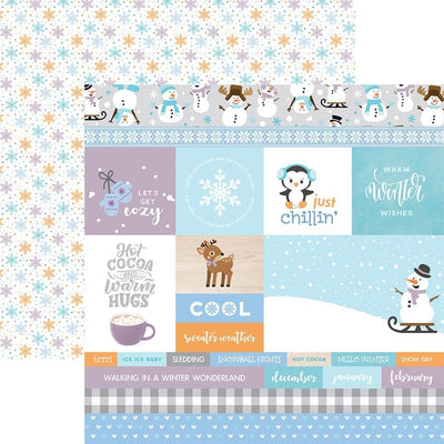 Double sided scrapbook paper featuring words, penguins, snowflakes, snowman, reindeer, mittens and cocoa on teal, blue, white and purple tags. Shown in front of a blue, teal and orange star pattern on a white background. 
