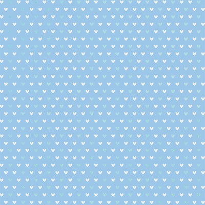 12x12 scrapbook paper featuring a teal and white heart pattern on a blue background.