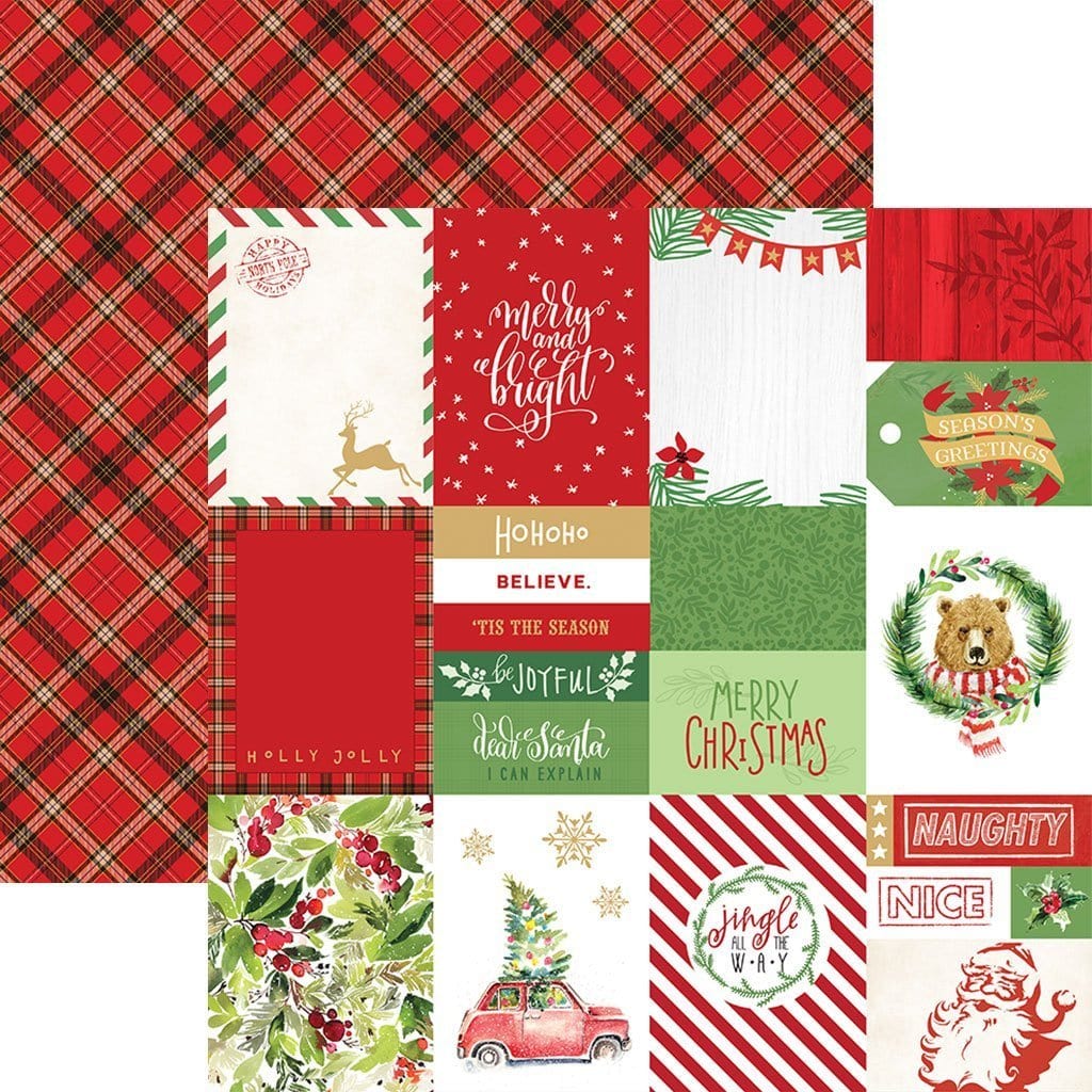 Double sided scrapbook paper featuring words, holly, santa, reindeer and christmas tree on red, white and green tags. Shown in front of a red, black and white plaid pattern.