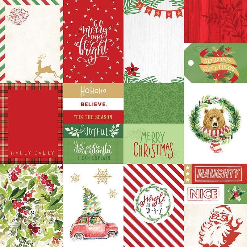 Tag scrapbook paper featuring words, holly, santa, reindeer and christmas tree on red, white and green.