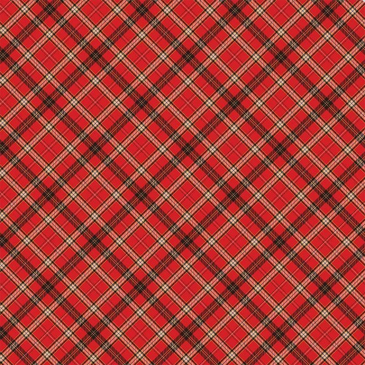 12x12 scrapbook paper featuring a red, black and white plaid pattern.