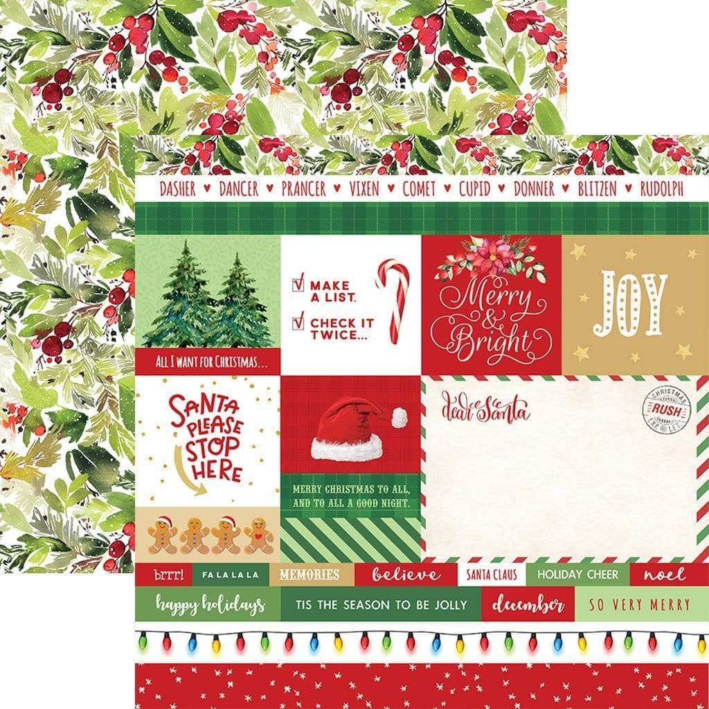 Double sided scrapbook paper featuring words, christmas lights, santa hat, gingerbread and christmas tree on red, white and green. Shown against a red and green holly watercolor pattern.