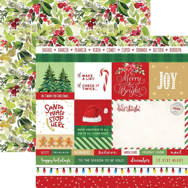 Double sided scrapbook paper featuring words, christmas lights, santa hat, gingerbread and christmas tree on red, white and green. Shown against a red and green holly watercolor pattern.