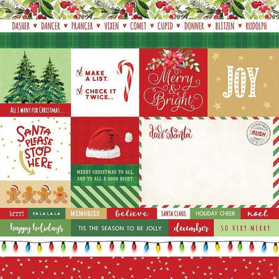 Tag scrapbook paper featuring words, christmas lights, santa hat, gingerbread and christmas tree on red, white and green.