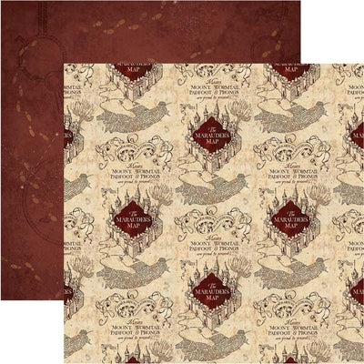 Harry Potter scrapbook paper set featuring The Marauder's Map overlapping a red pattern of footprints.