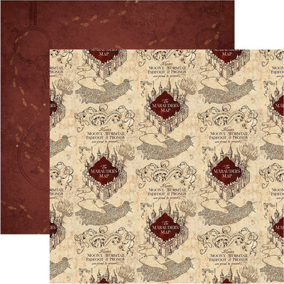 harry potter scrapbook paper image features marauder's map on front side and dark red pattern on back side.