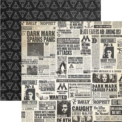 Harry Potter scrapbook paper set featuring The Daily Prophet paper overlapping a black pattern of the sign of the Deathly Hallows.