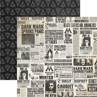 harry potter scrapbook paper featuring a newsprint pattern shown overlapping a pattern of the Deathly Hallows symbol on a black background.