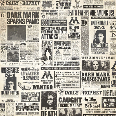 harry potter scrapbook paper is shown featuring a newsprint pattern of headlines and photos from the Daily Prophet.