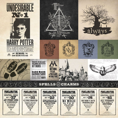 harry potter scrapbook paper featuring tags with crests & patterns.
