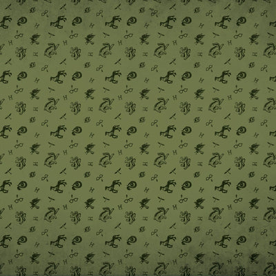 harry potter scrapbook paper featuring an olive green pattern of black symbols.
