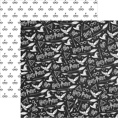 Image shows both sided of black and white Harry Potter scrapbook paper, One side has Harry Potter logos and icons. The other sied has a repeating pattern of small Harry Potter glasses and lightning bolds