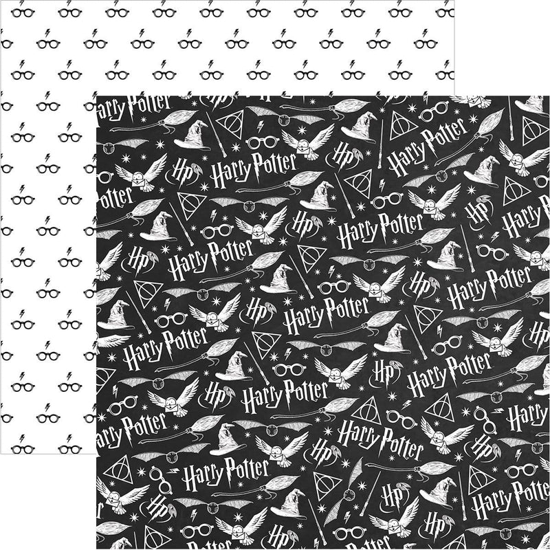 harry potter scrapbook paper featuring white symbols and text on a black background is shown overlapping a pattern of black glasses & lightning bolts on a white background.