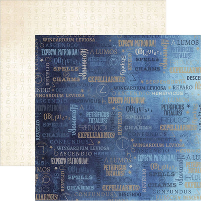 harry potter scrapbook paper featuring text depicting spells like "Alohomora" and "Lumos" on a blue background shown overlapping the swish & flick wand motions in beige.