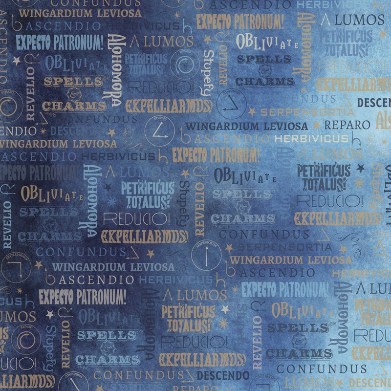 harry potter scrapbook paper featuring text depicting spells like "Alohomora" and "Lumos" on a blue background.