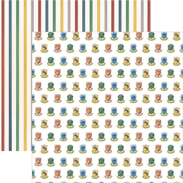 Harry Potter scrapbook paper set featuring a colorful pattern of mini crests, shown overlapping colorful, coordinating stripes.