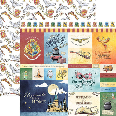 Image shows both sided of Harry Potter scrapbook paper with a watercolor style. One side has a variety of rectangle tag with individual designs. The other side has a repeating pattern of Harry Potter icons
