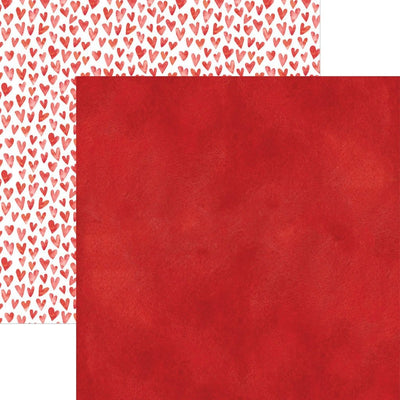 scrapbook paper image features a red wash on front side and a red heart pattern on back side.