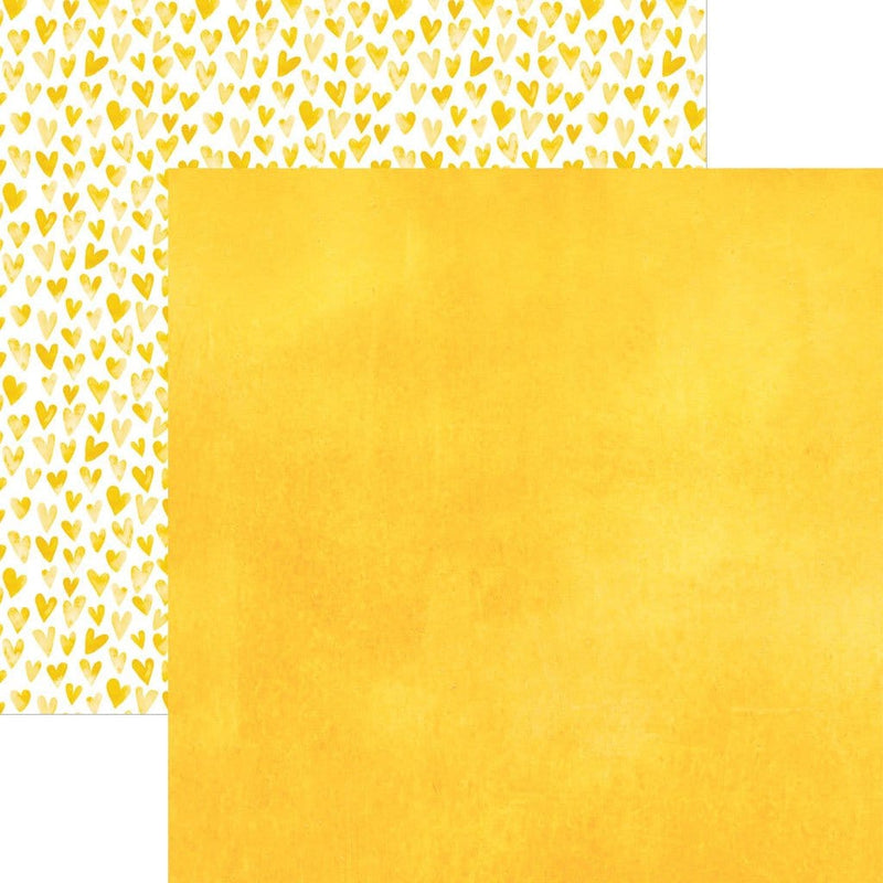 scrapbook paper image features a yellow wash on front side and a yellow heart pattern on back side.