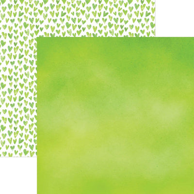 scrapbook paper image features a green wash on front side and a green heart pattern on back side.