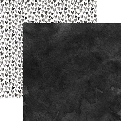 scrapbook paper image features a black wash on front side and a black heart pattern on back side.