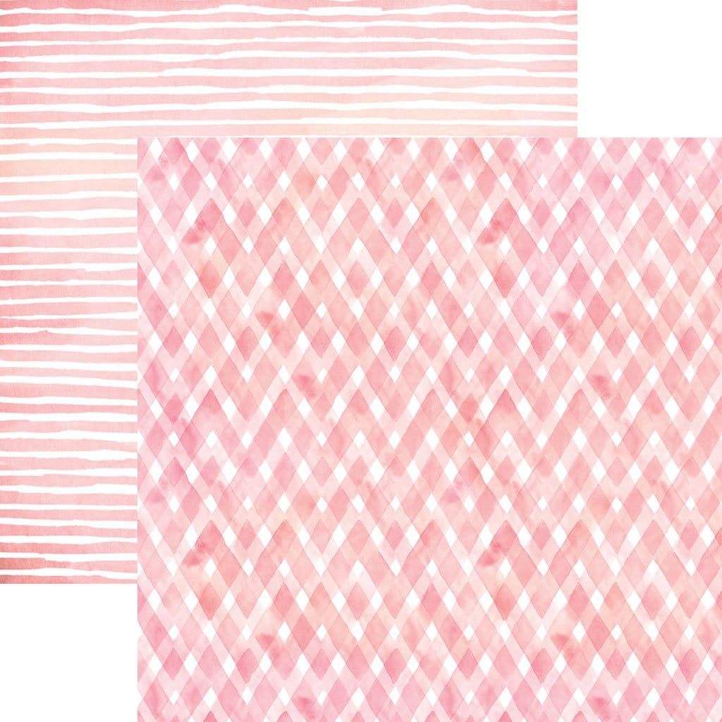 scrapbook paper image features a pink plaid pattern on front side and a pink stripe pattern on back side.