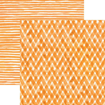 scrapbook paper image features an orange plaid pattern on front side and an orange stripe pattern on back side.
