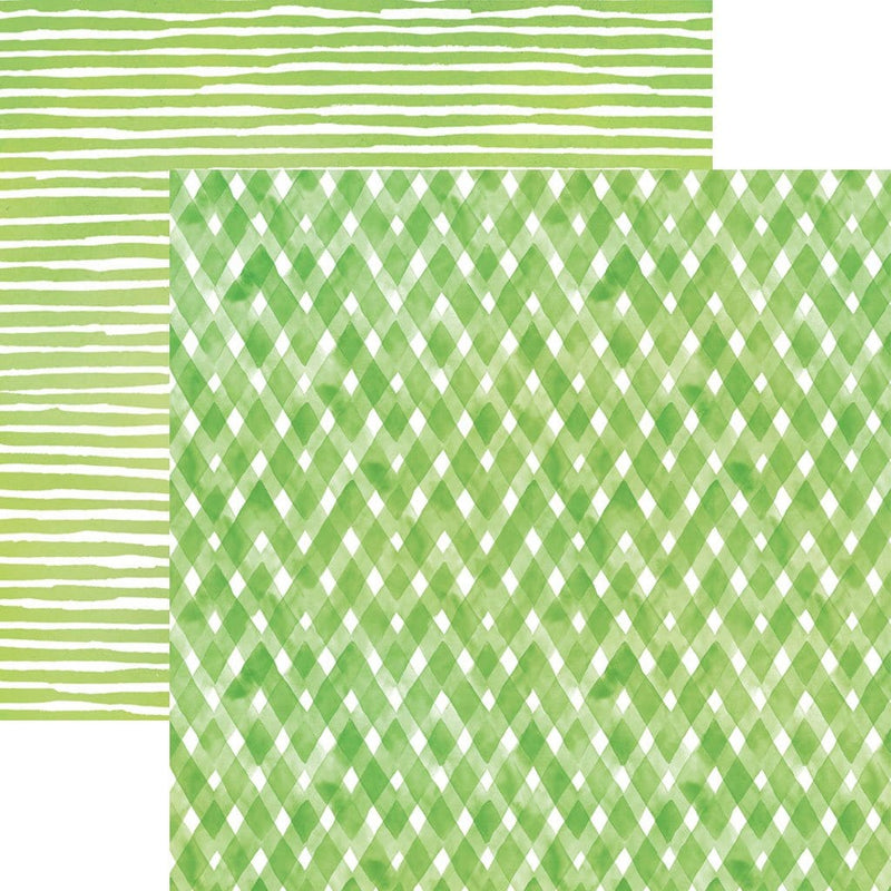 scrapbook paper image features a green plaid pattern on front side and a green stripe pattern on back side.